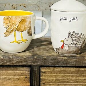 Rae Dunn Gobble Gobble Turkey Mugs and Creamer and sugar Set